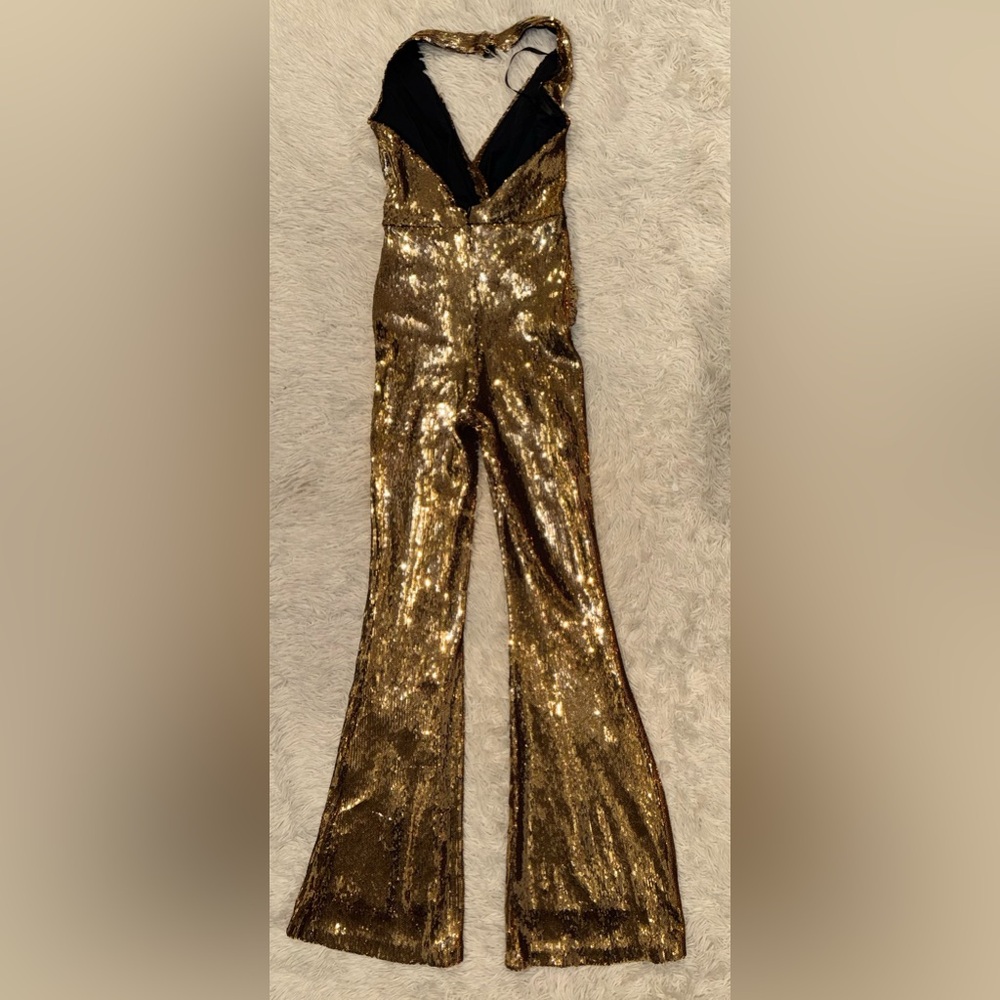 NEW NADINE MERABI Tianna Sequin Halter Flare Gold Jumpsuit sz 4 - Picture 6 of 8